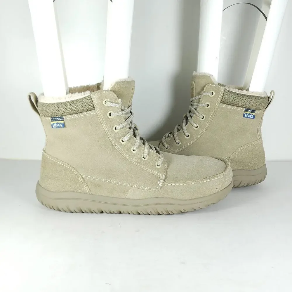 LEMS Telluride Men's US 12 Limestone Suede Faux Fur Collar Lace-up Winter Boots